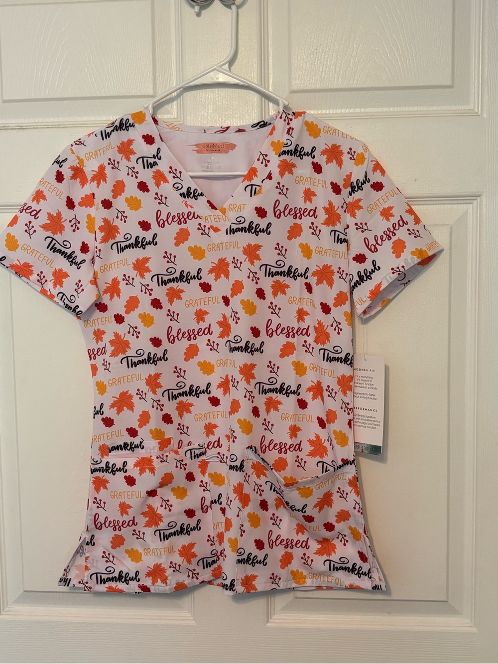 Woman’s White Thanksgiving Print Short Sleeve Scrub Top